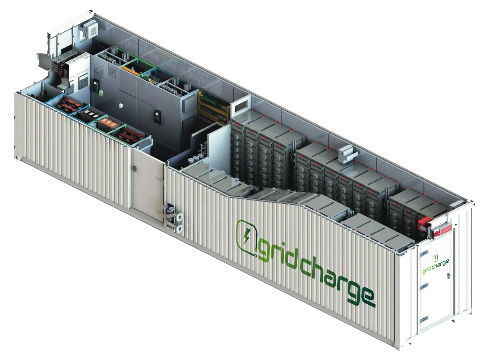 Contenitore di stoccaggio dell'energia di grid charge aperto, mostrando come è composto